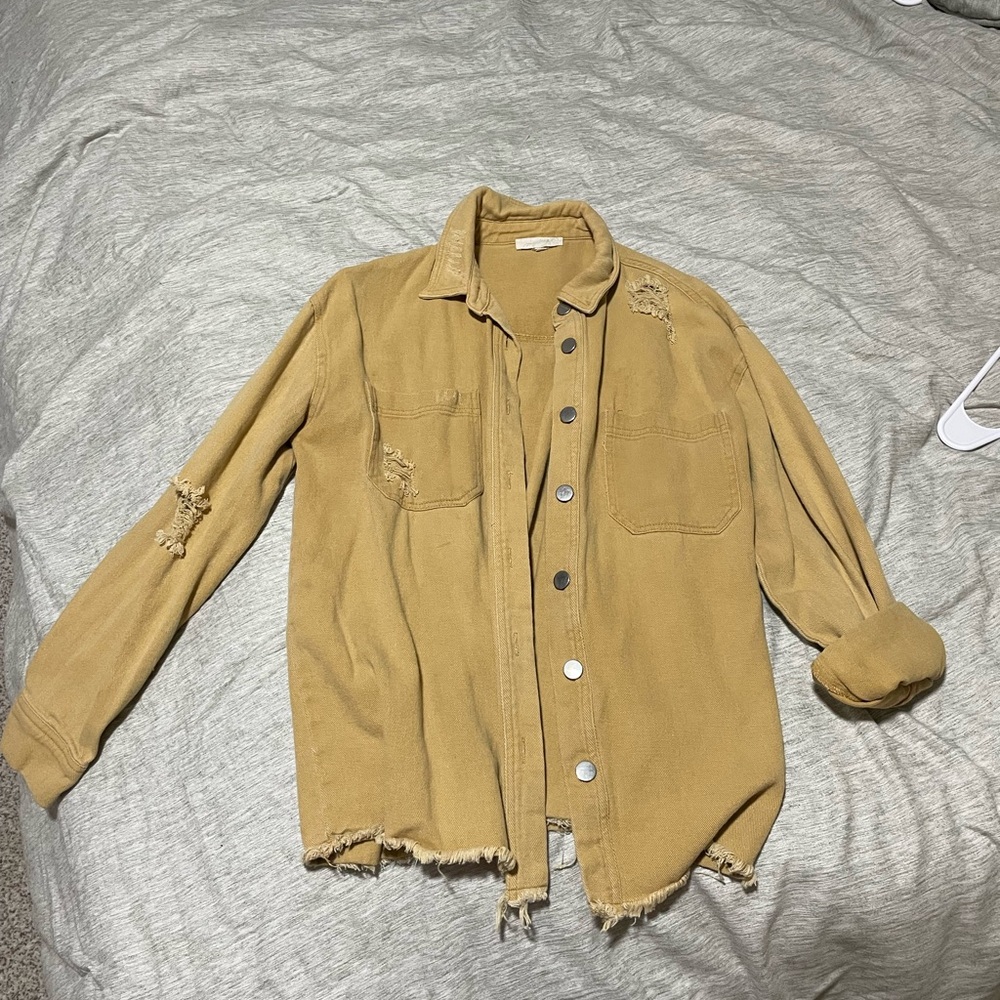 Distressed Mustard Button-Up Shacket